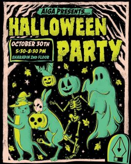 Next week is the annual AIGA Halloween Party!!!! All are welcome, not just AIGA members and CD majors, so spread the word and bring your friends! We will have enormous amounts of food 🍫, a ton of activities 🎃, a photo booth 📷, and a costume contest 🧙 with prizes. The committee has spent a lot of time planning this event (and a lot of our budget) so we know it’s going to be fantastic. Please come. It’s very fun.
We will take over the second-floor hallway starting at 5:30 on Thursday the 30th.💀