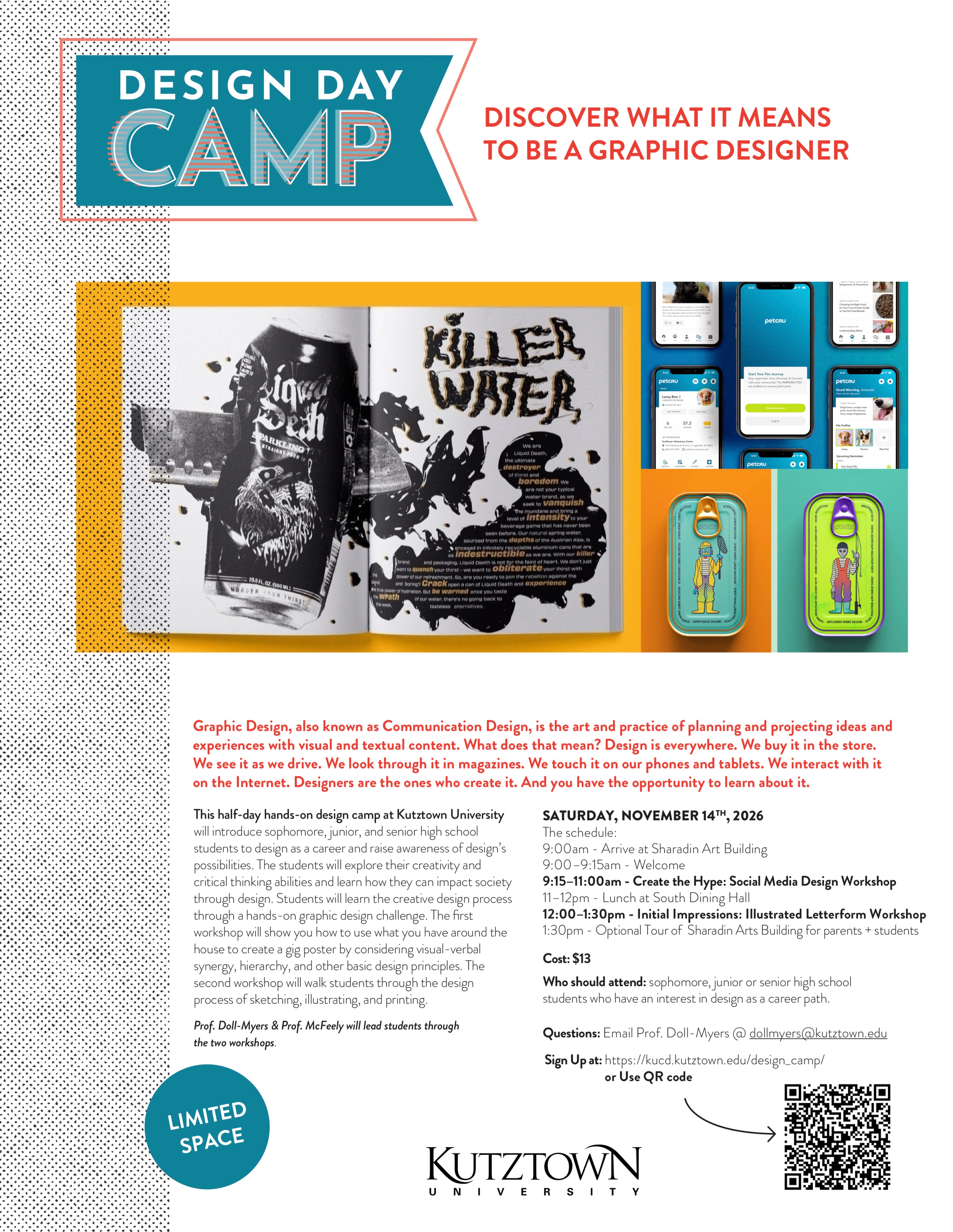 Design Day Camp 🎨✨
Sophomore, Junior and Senior High School students have the opportunity to attend a half-day design camp at Kutztown University to learn more about our Communication Design program! Link to register is available in the Linktree in our bio!

🗓️: Saturday, November 14th
⏰: 9AM to 2PM
📍: Sharadin Art Building
💲: $13

Learn more at https://kucd.kutztown.edu/index.php/design_camp/

If you have questions, email Prof. Doll-Myers at dollmyers@kutztown.edu
#kutztownuniversity #communicationdesign