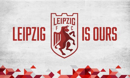 download RB Leipzig FC logo with red bull shield emblem and Leipzig is Ours text on geometric red and white background
